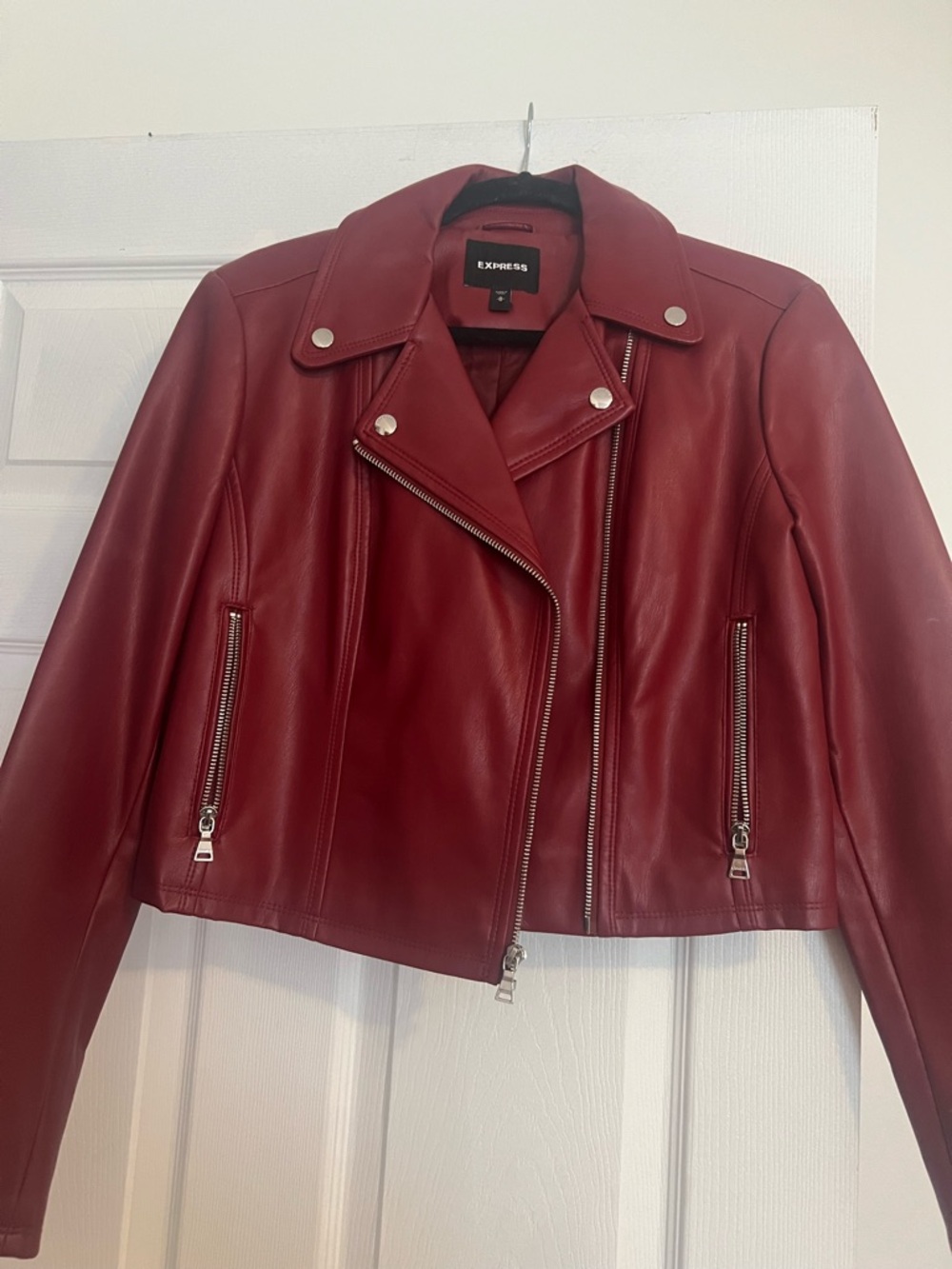 Express Women's Deep Red Cropped Vegan  Leather Moto Jacket